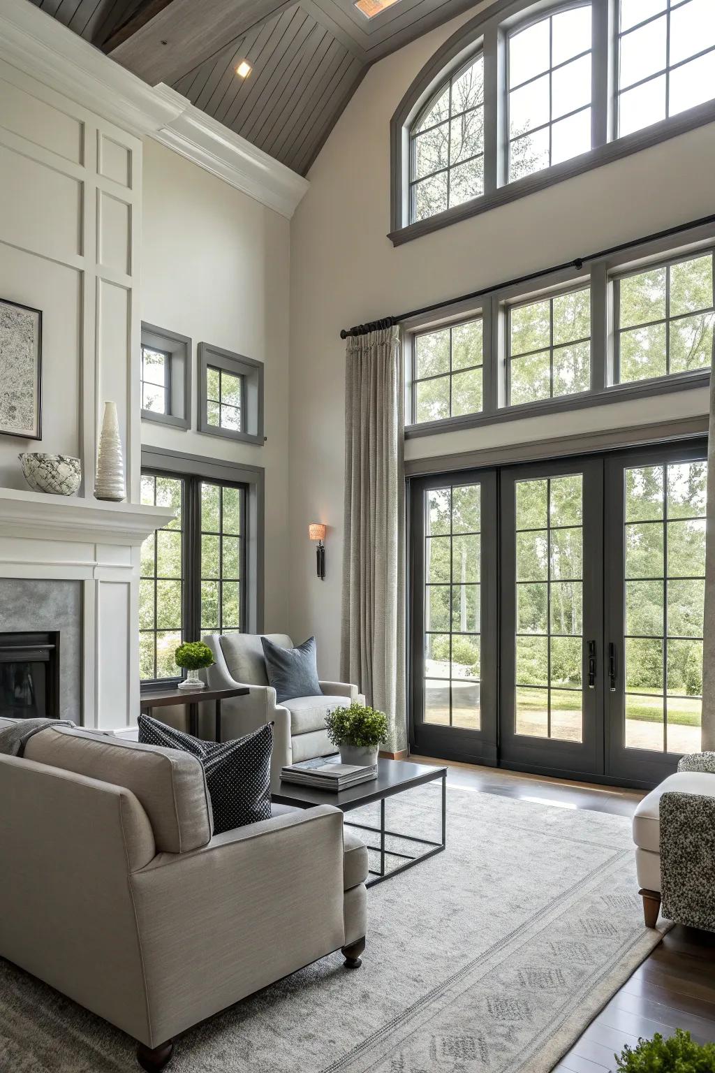 Charcoal gray trim adds urban sophistication to a living room.