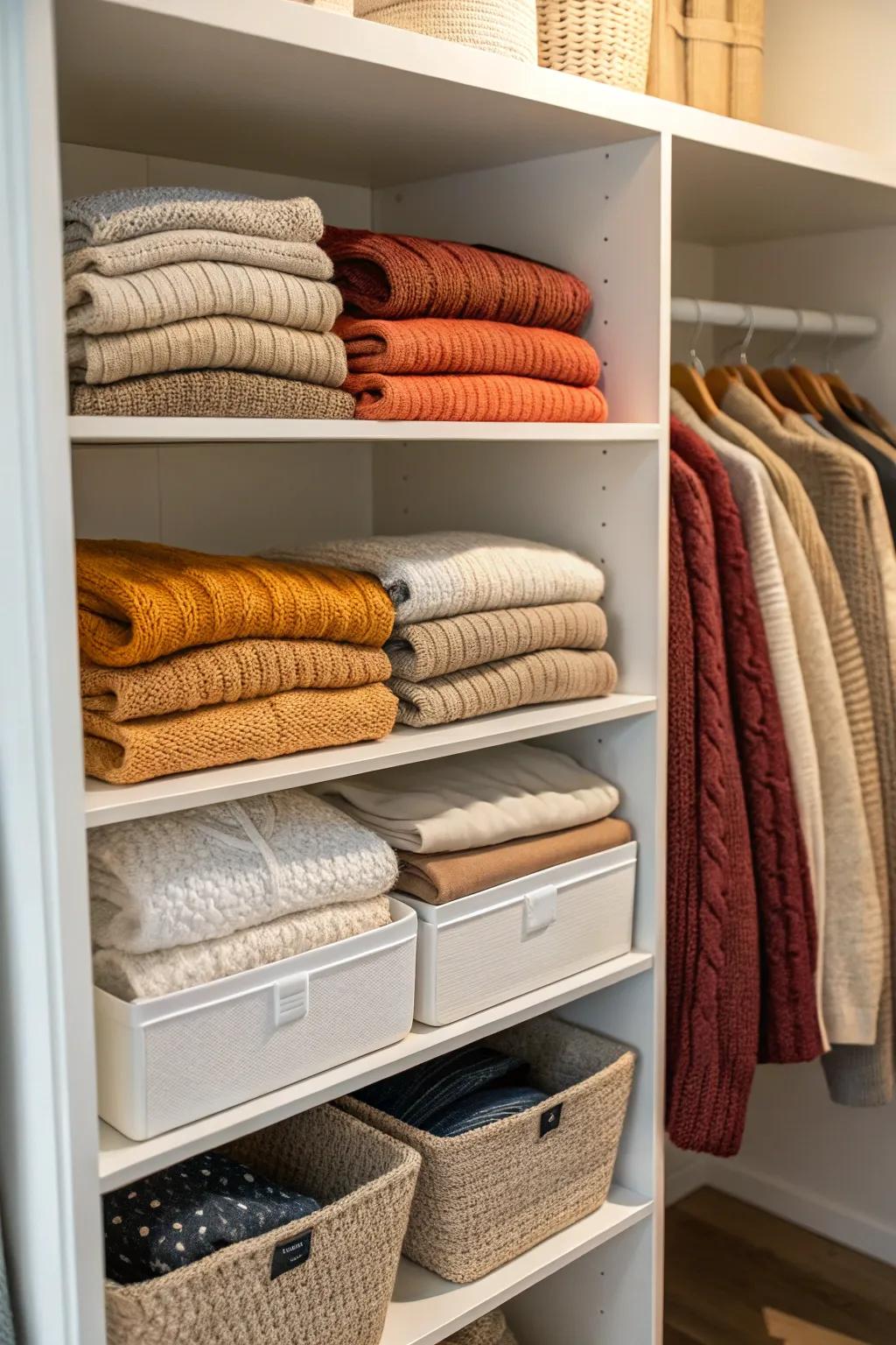 Racking dividers keep sweaters in line.