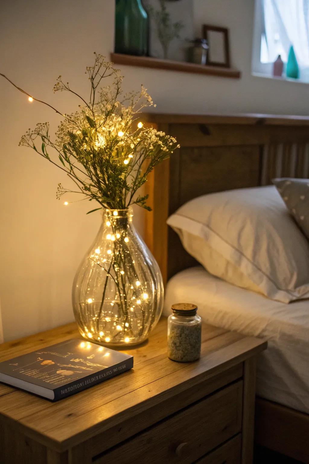 Fairy lights in a vase create a magical and cozy atmosphere.