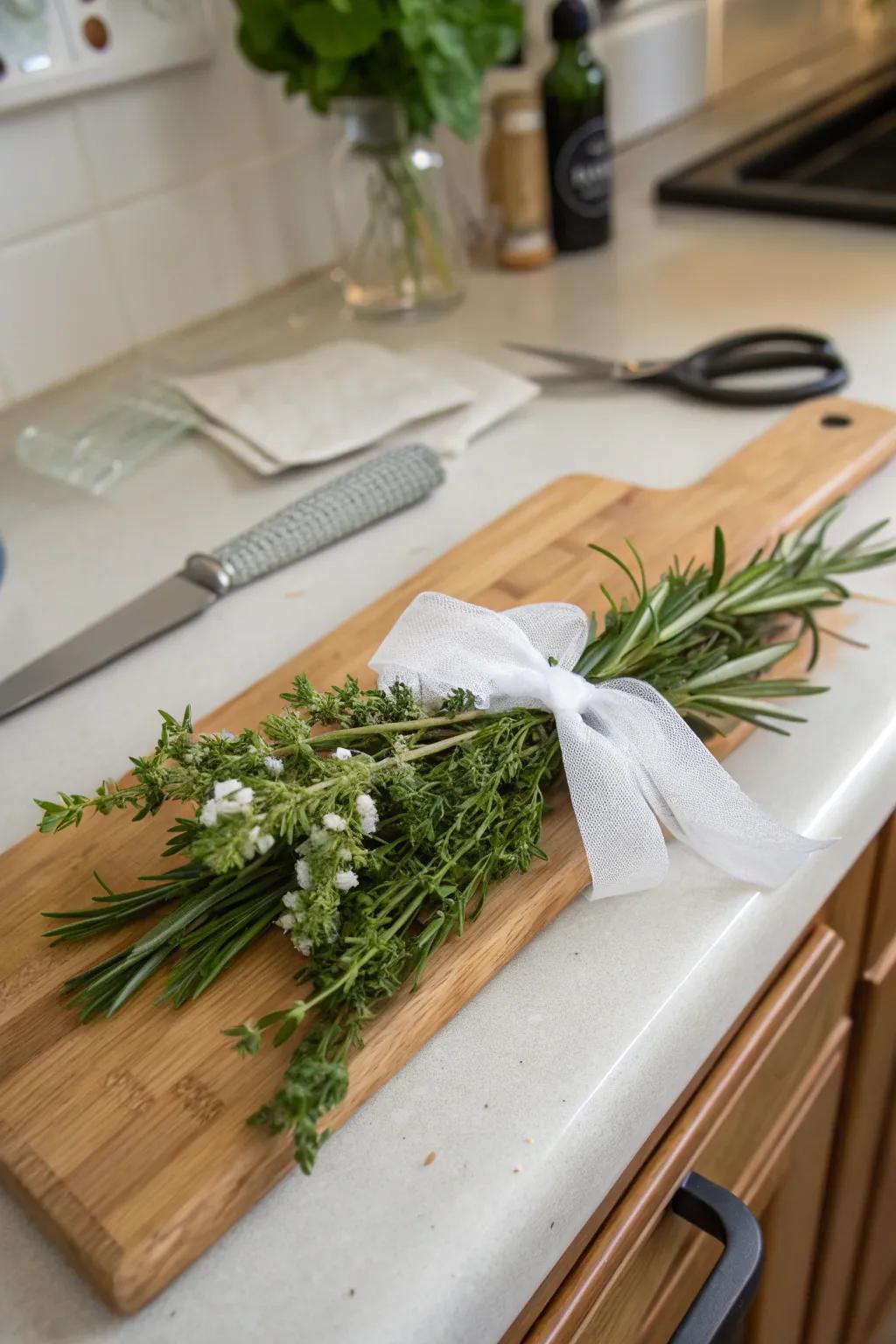 Fragrant wrist adornment featuring fresh garden herbs.