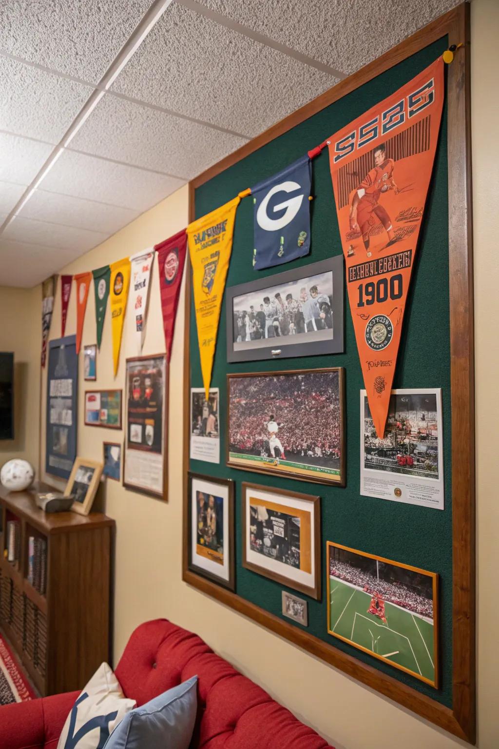 80s sports memorabilia on a bulletin board in a sports-themed room.