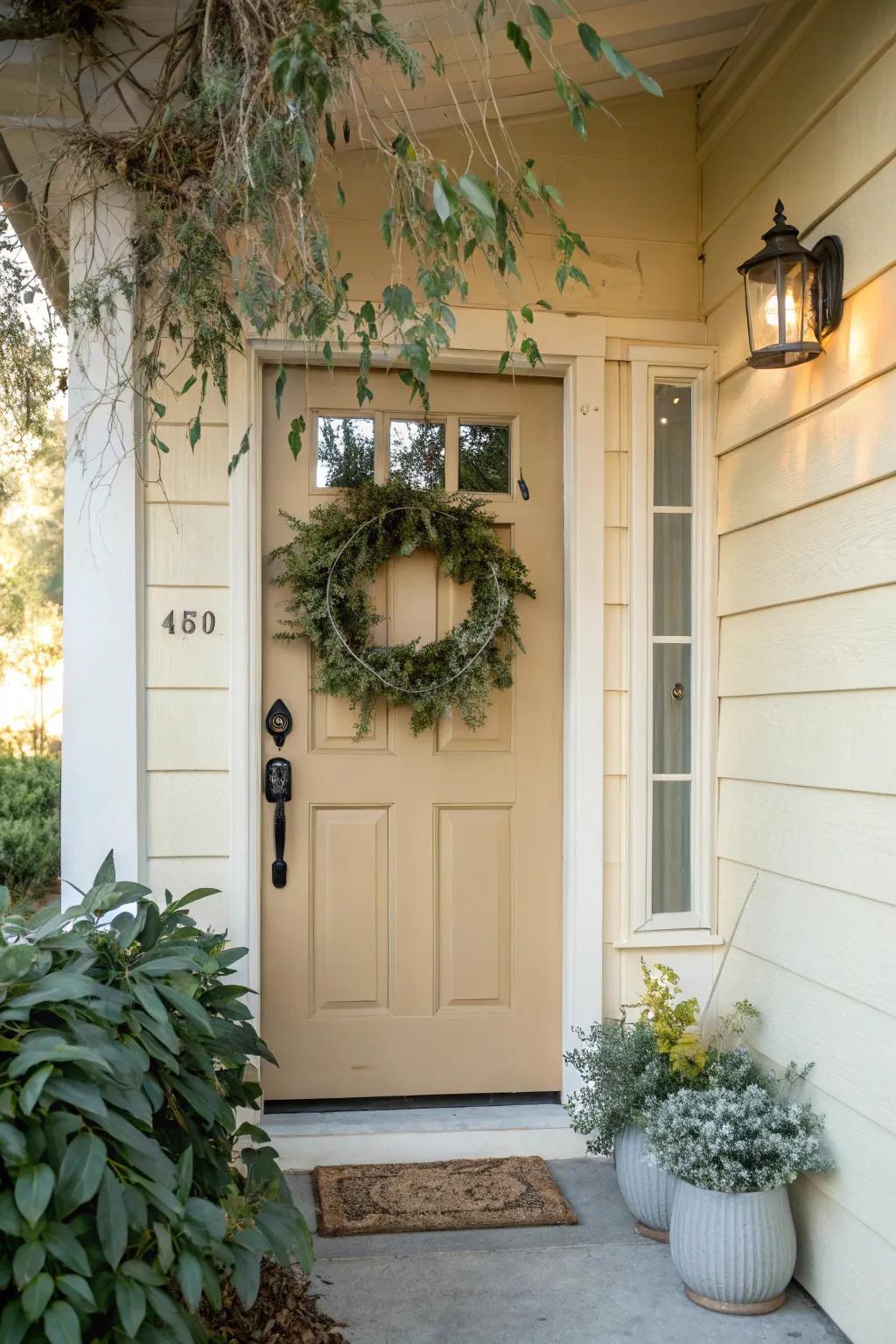 A welcoming winter garland over the front doorway