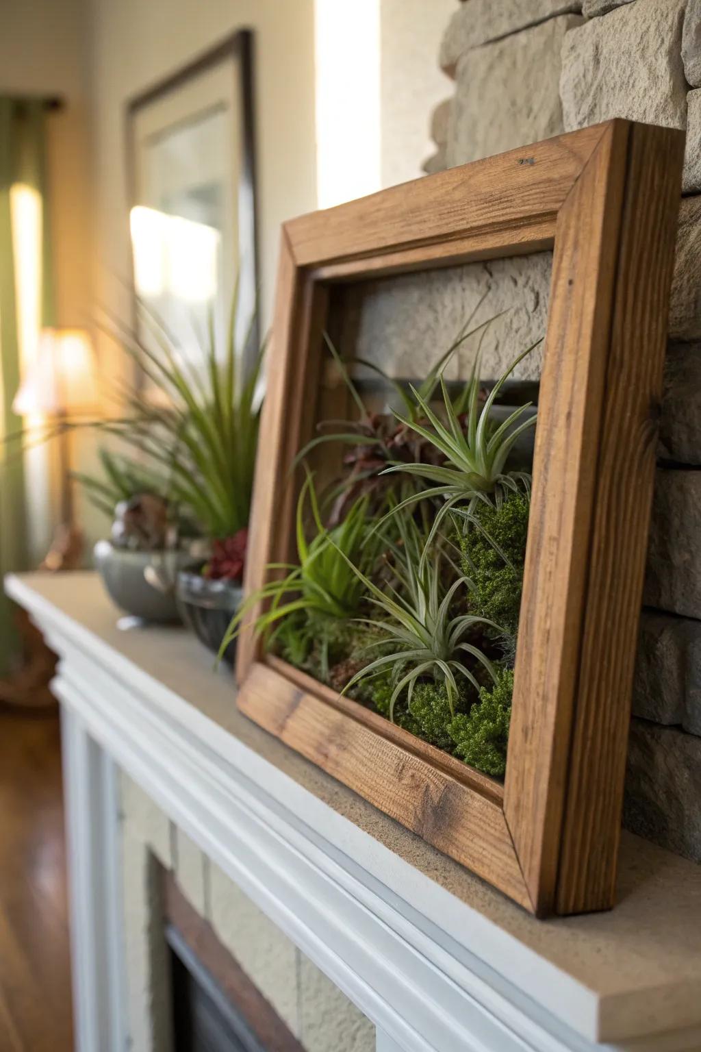 A living frame of air plants adds a botanical touch.