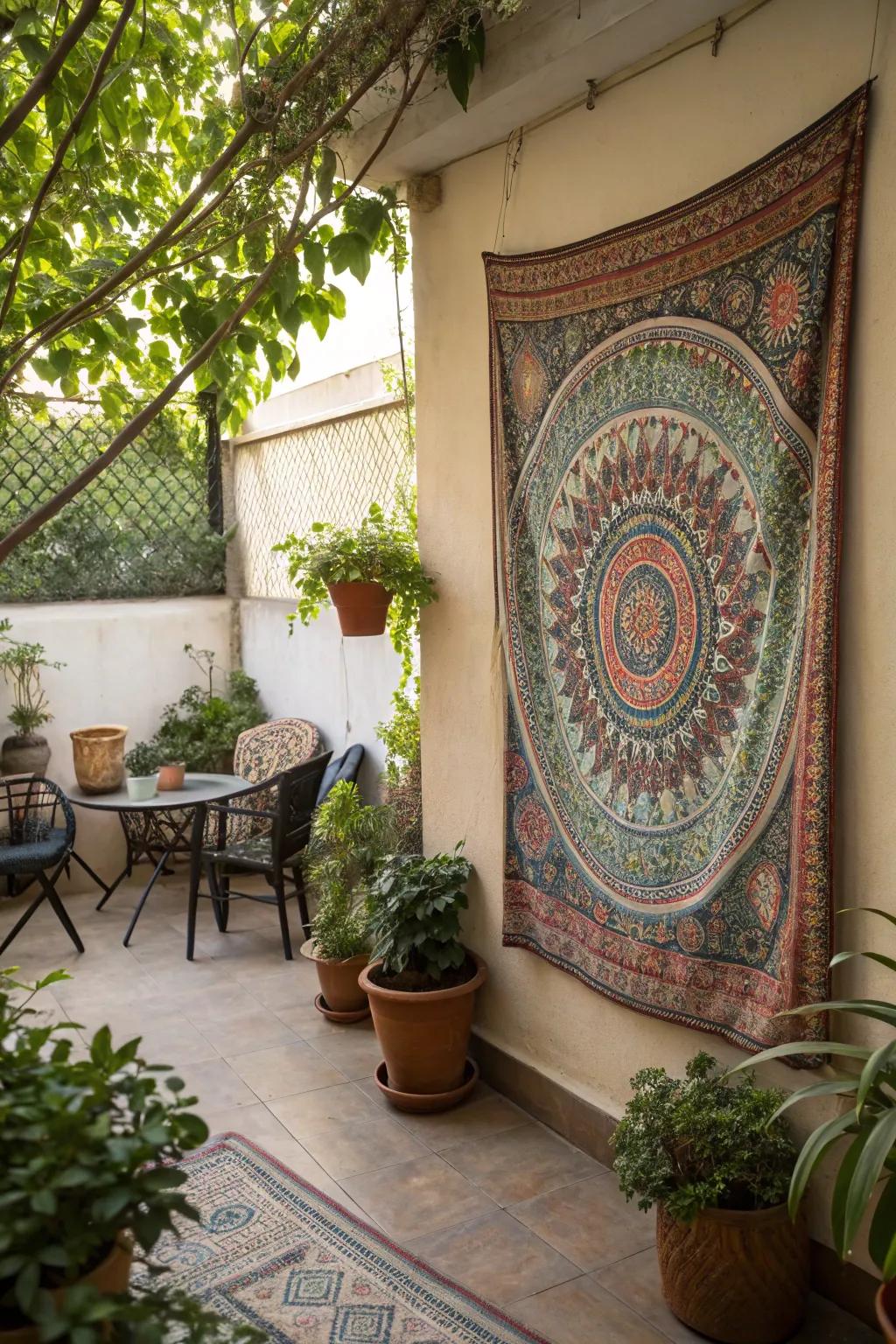 Tapestries add an artistic touch to patio walls.