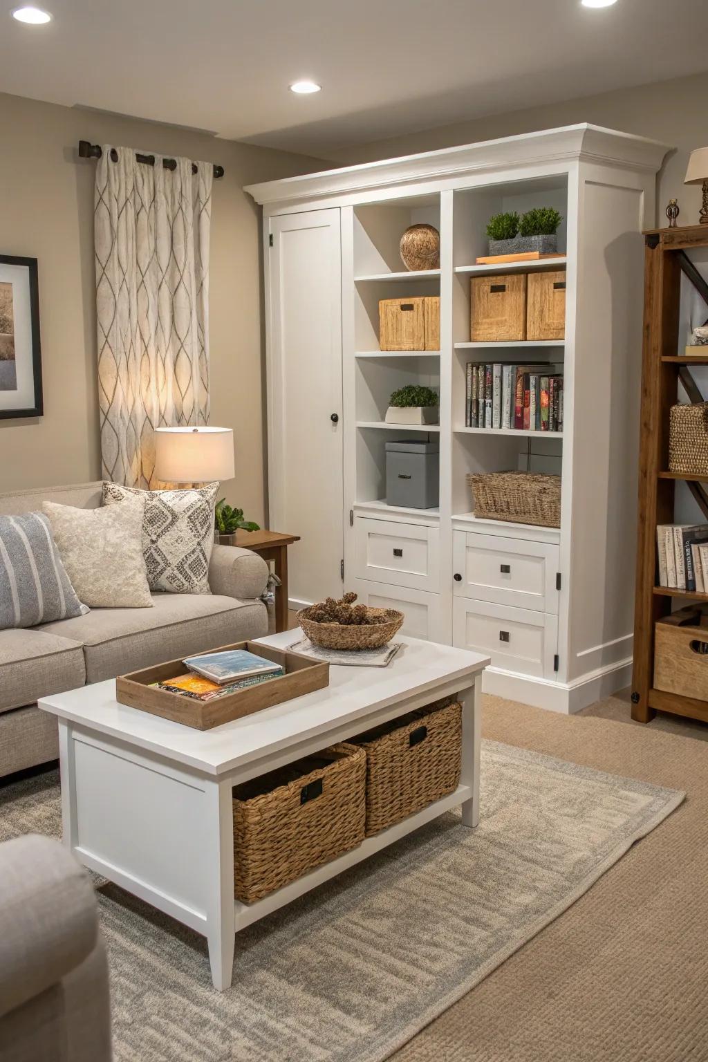 Clever storage solutions keep this small living room tidy and organized.