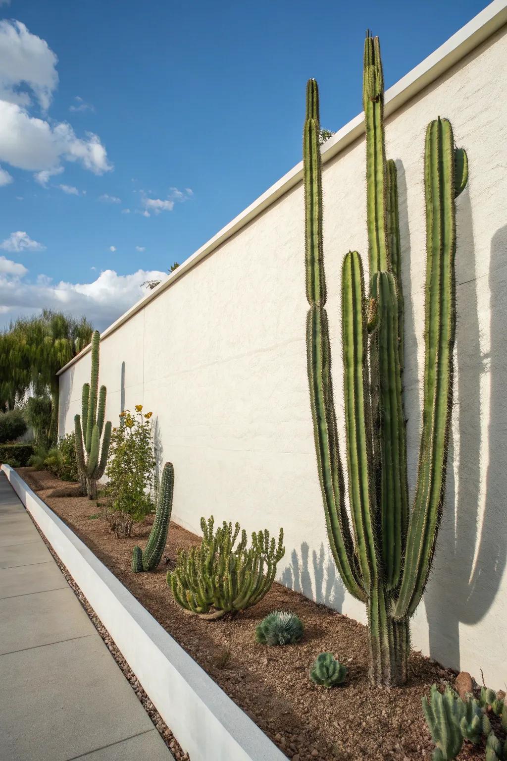 Tall cacti against light walls create dramatic contrasts and shadows.