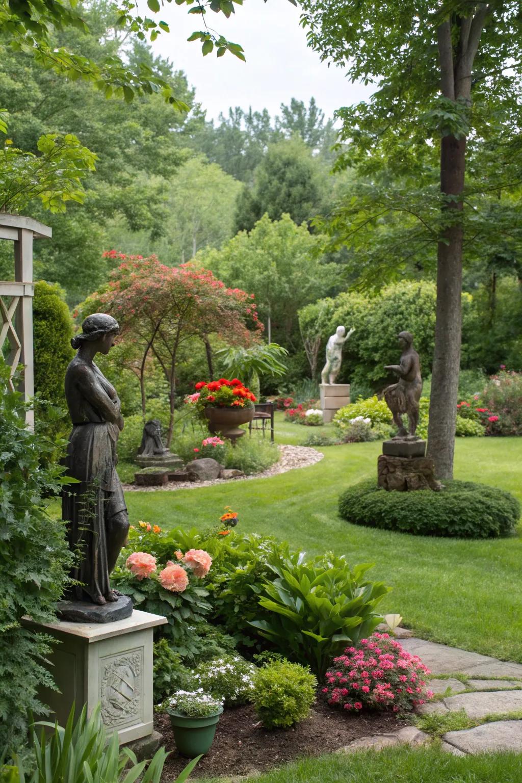 Garden sculptures add an artistic flair to your easement.