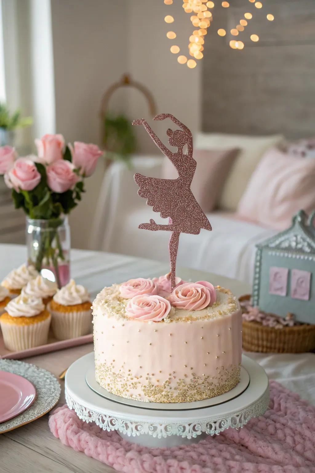 A glittery topper adds sparkle and glamour to the cake.