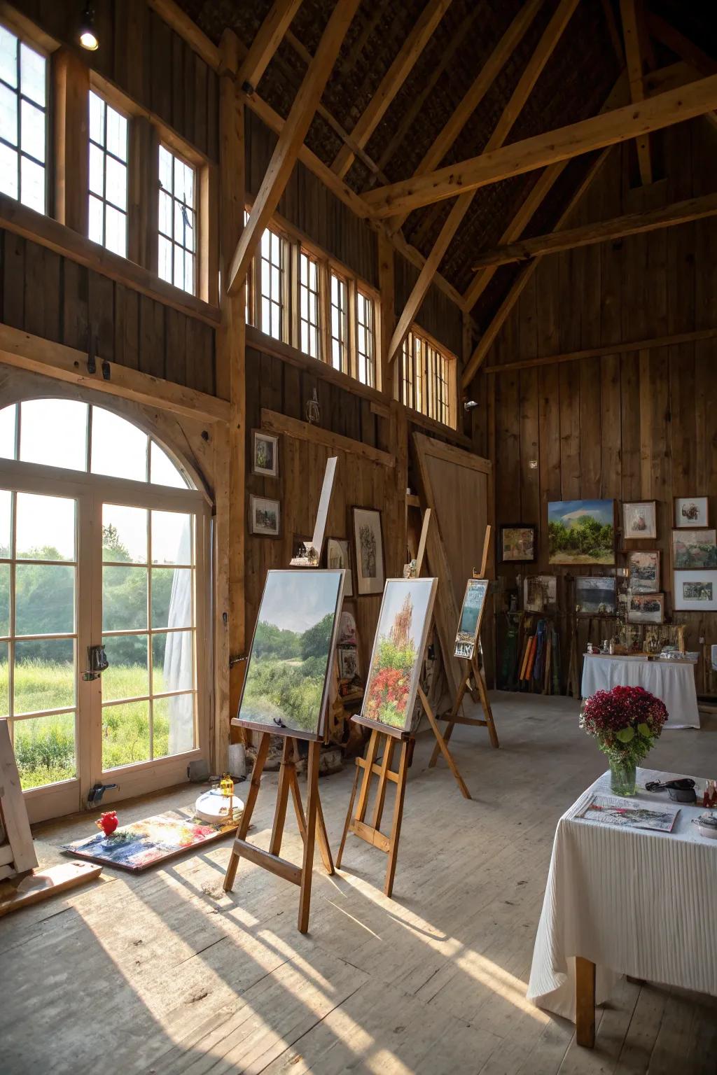 An artistic barn studio provides a spacious and inspiring workspace.