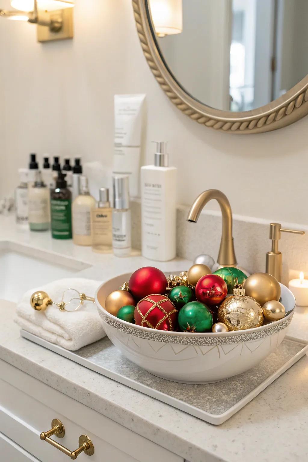 A bowl of ornaments adds a festive touch to this bathroom vanity.