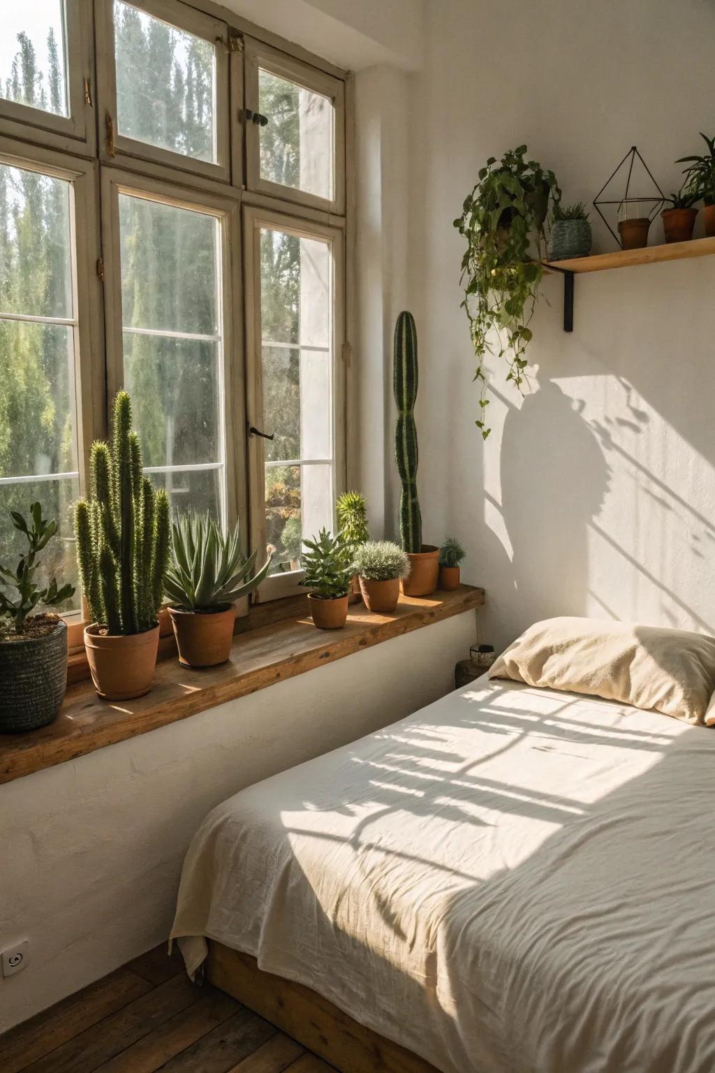 Cacti and succulents add a unique charm to any bedroom.