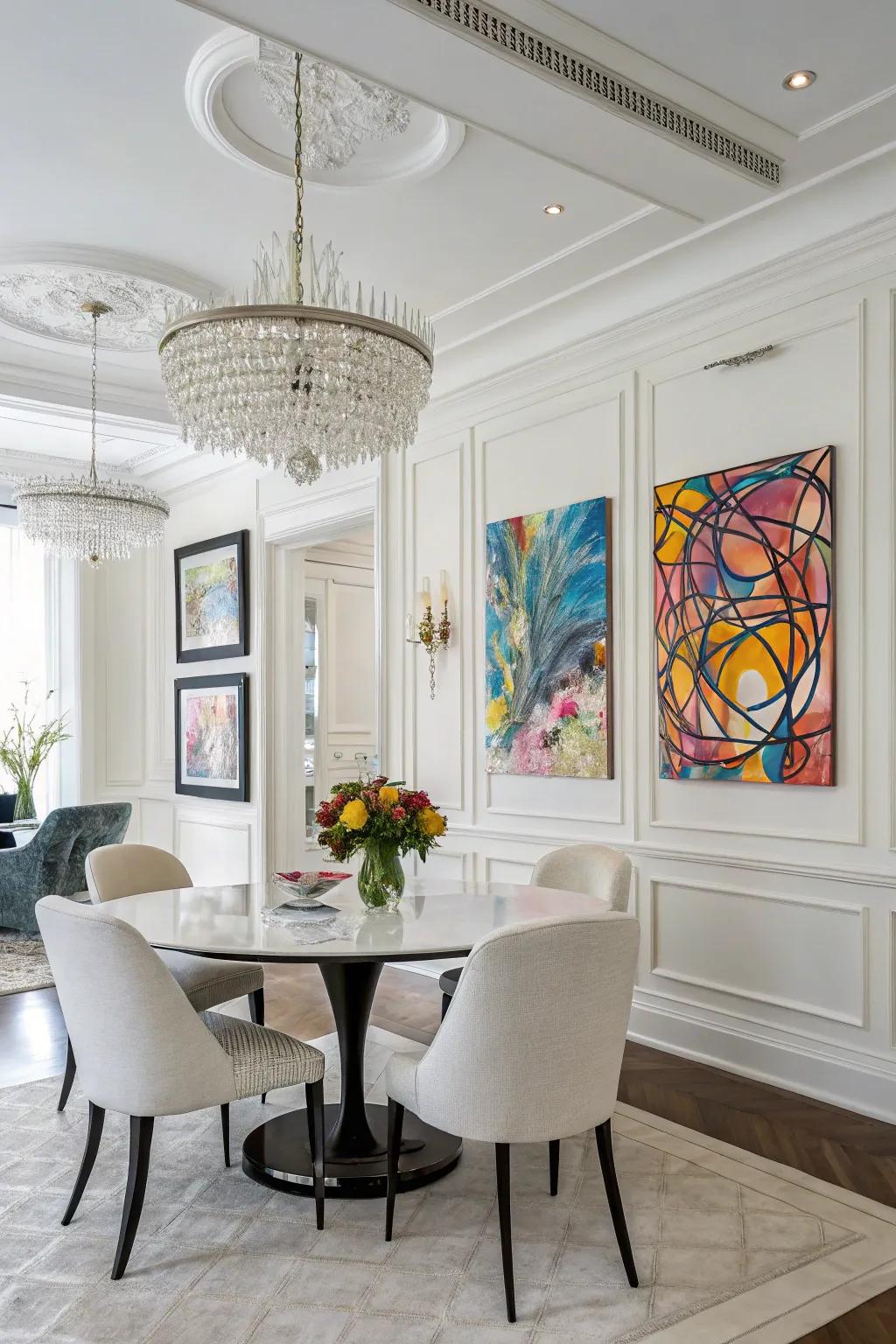 Crisp white walls highlight colorful art in your dining room.