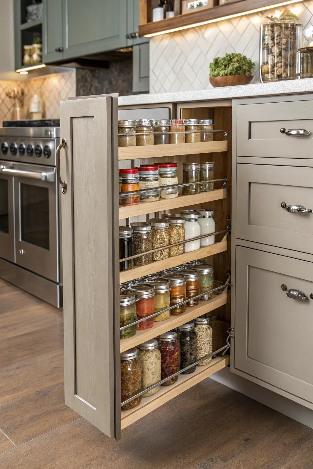 Expandable shelves for a growing spice collection.