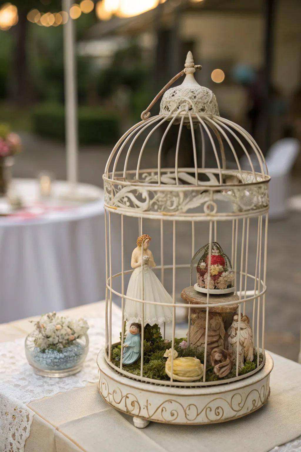 Small sculptures add depth to a bird cage display.