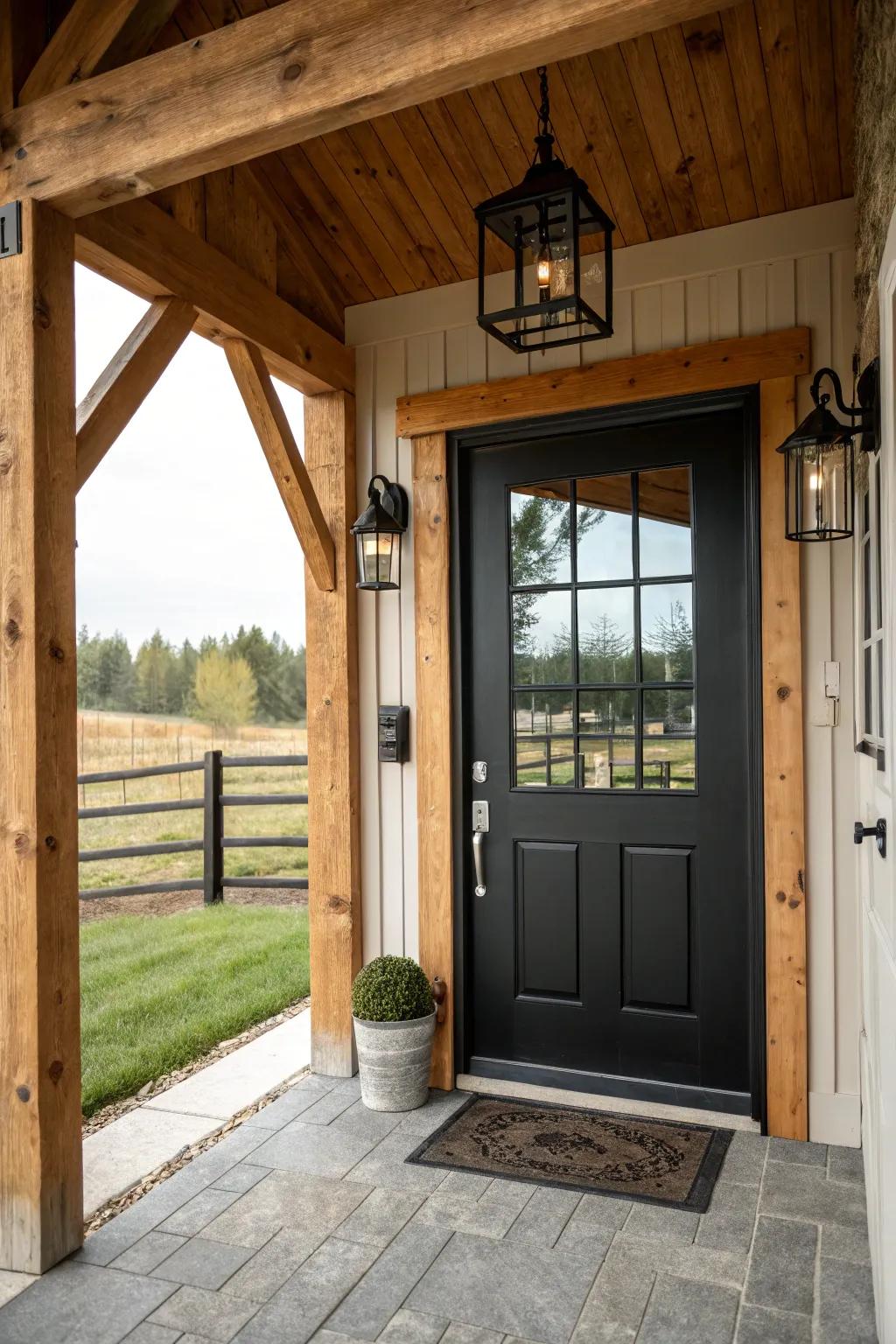 A modern farmhouse entrance with a chic black door.