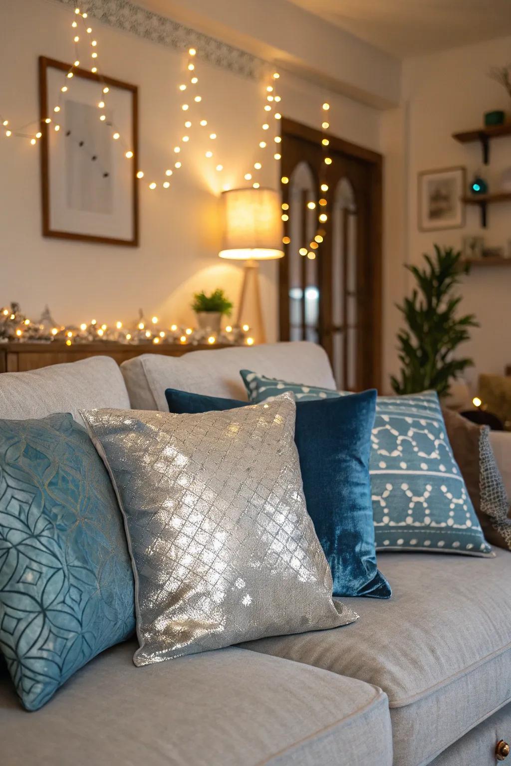 Ag and azure toss pillows bring new designs and textures to this snug family room.