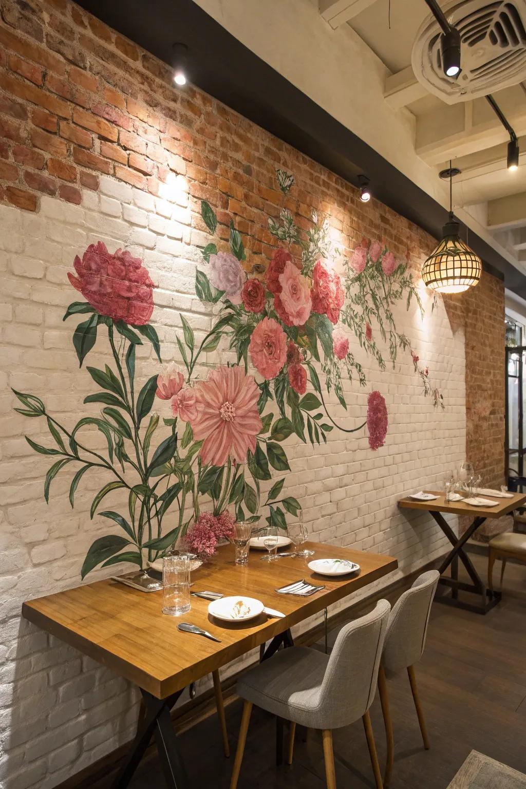 Floral mural softens and beautifies a brick wall.