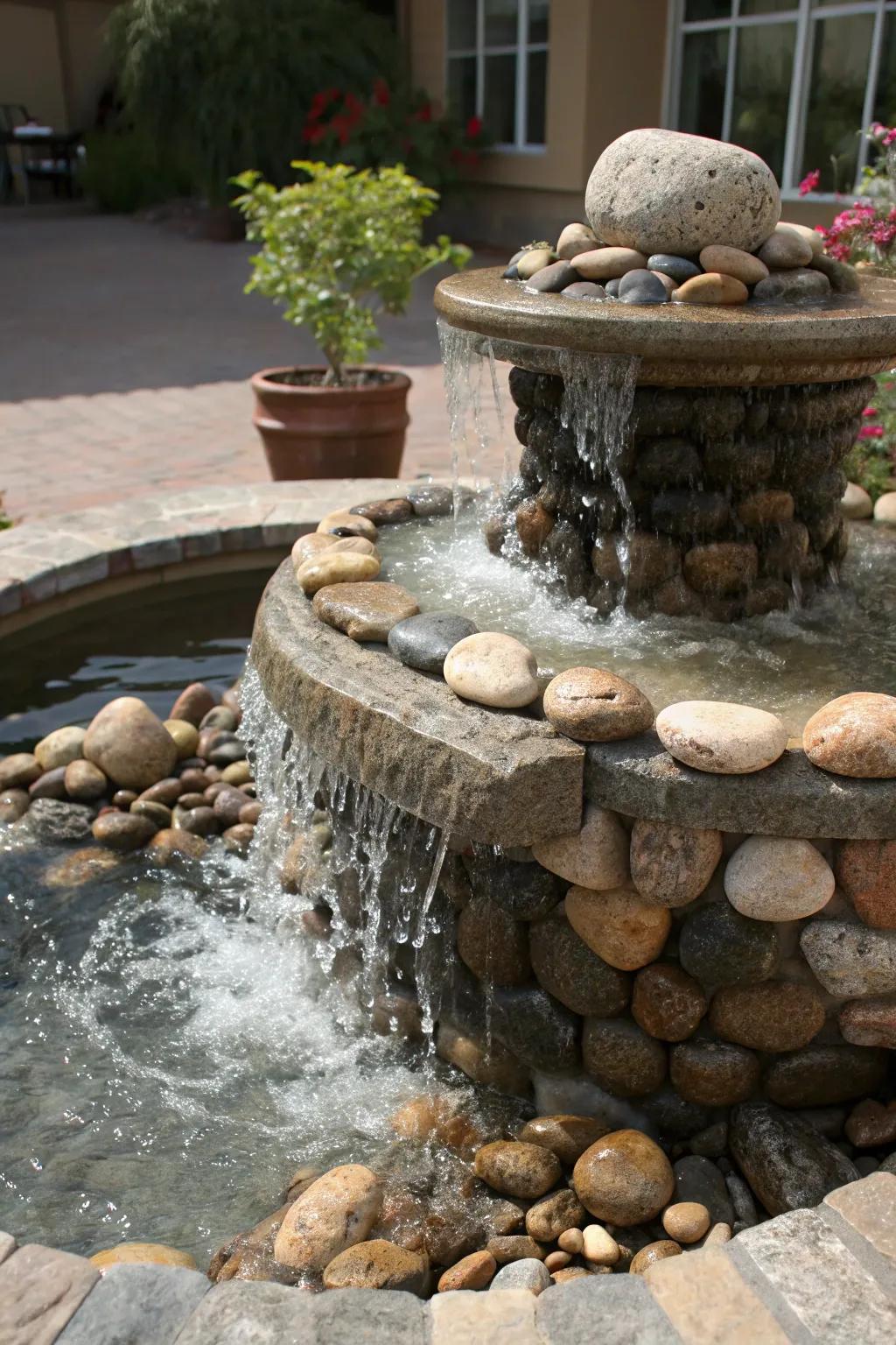 Diverse stones create an eye-catching and unique fountain.