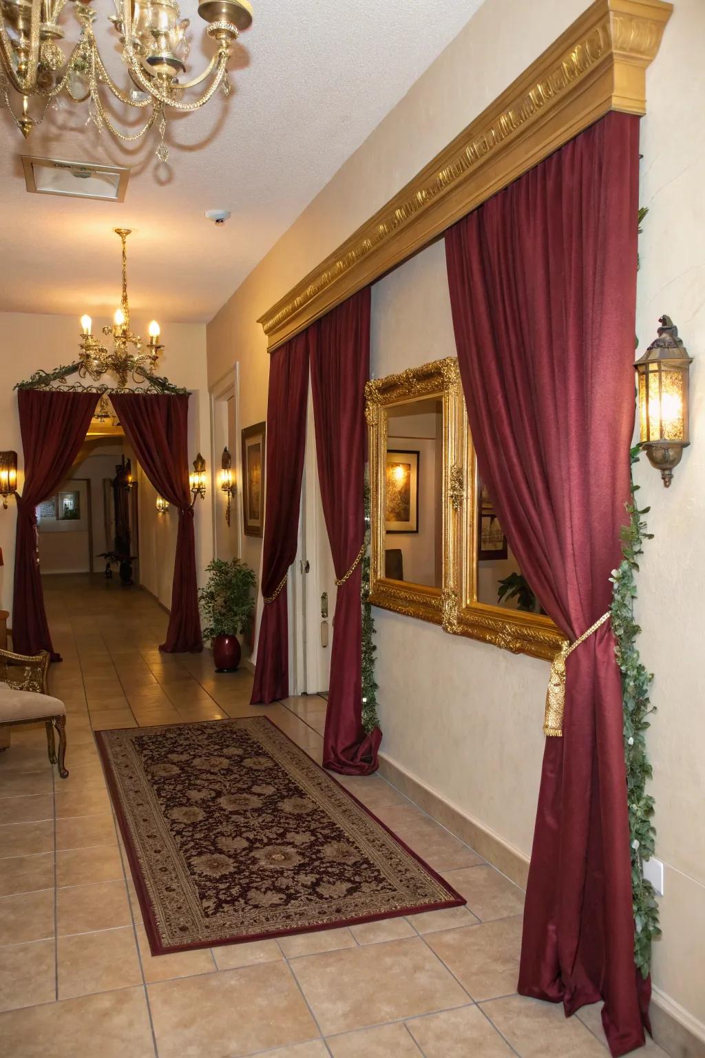 An appealing entryway through wine and glimmer decoration establishes the atmosphere for the occasion.