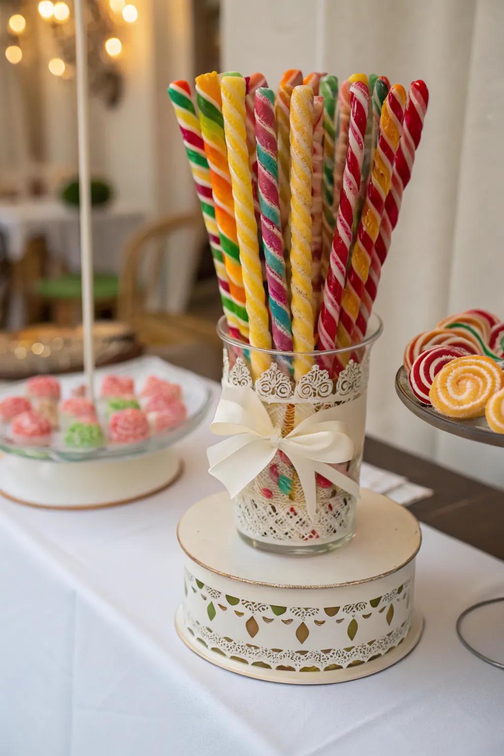 Spiral candy sticks add a playful and whimsical touch.