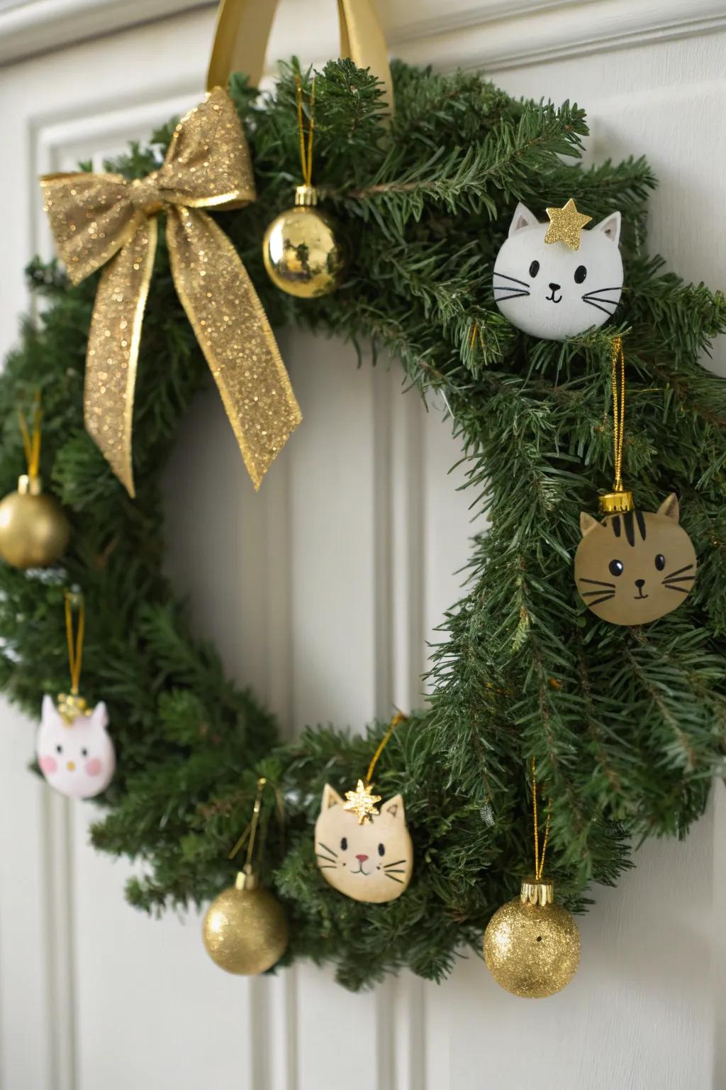 A bold and gold cat wreath for a touch of luxury.