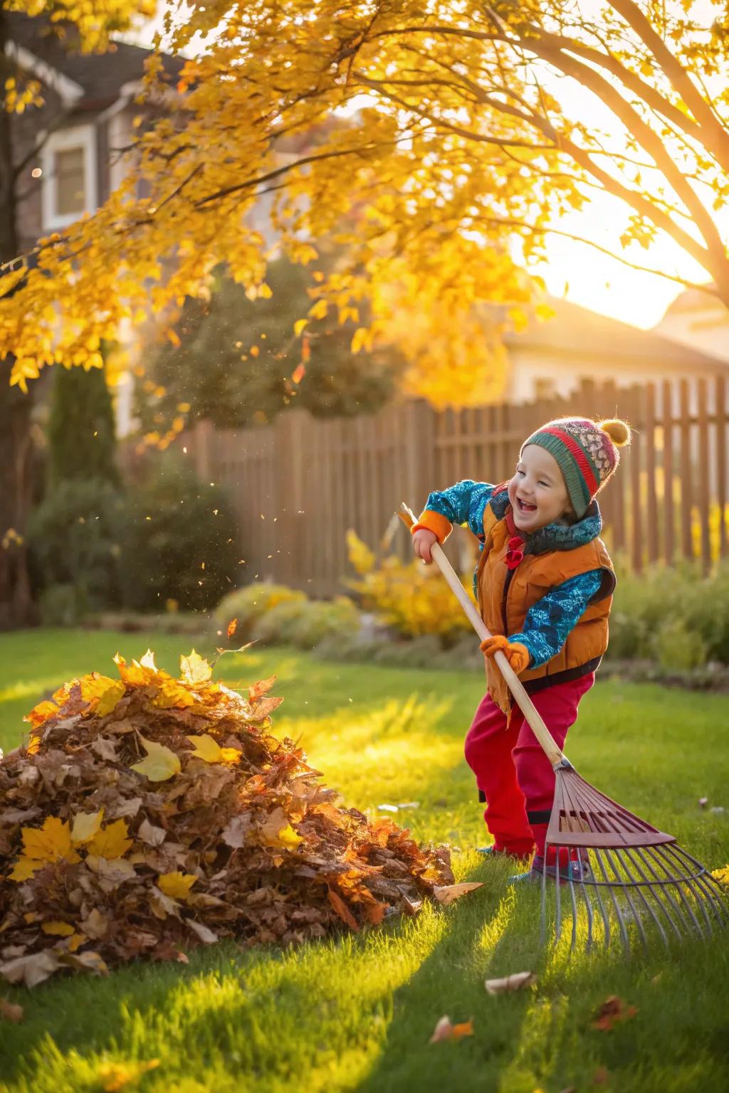 A child raking leaves, combining work with play.