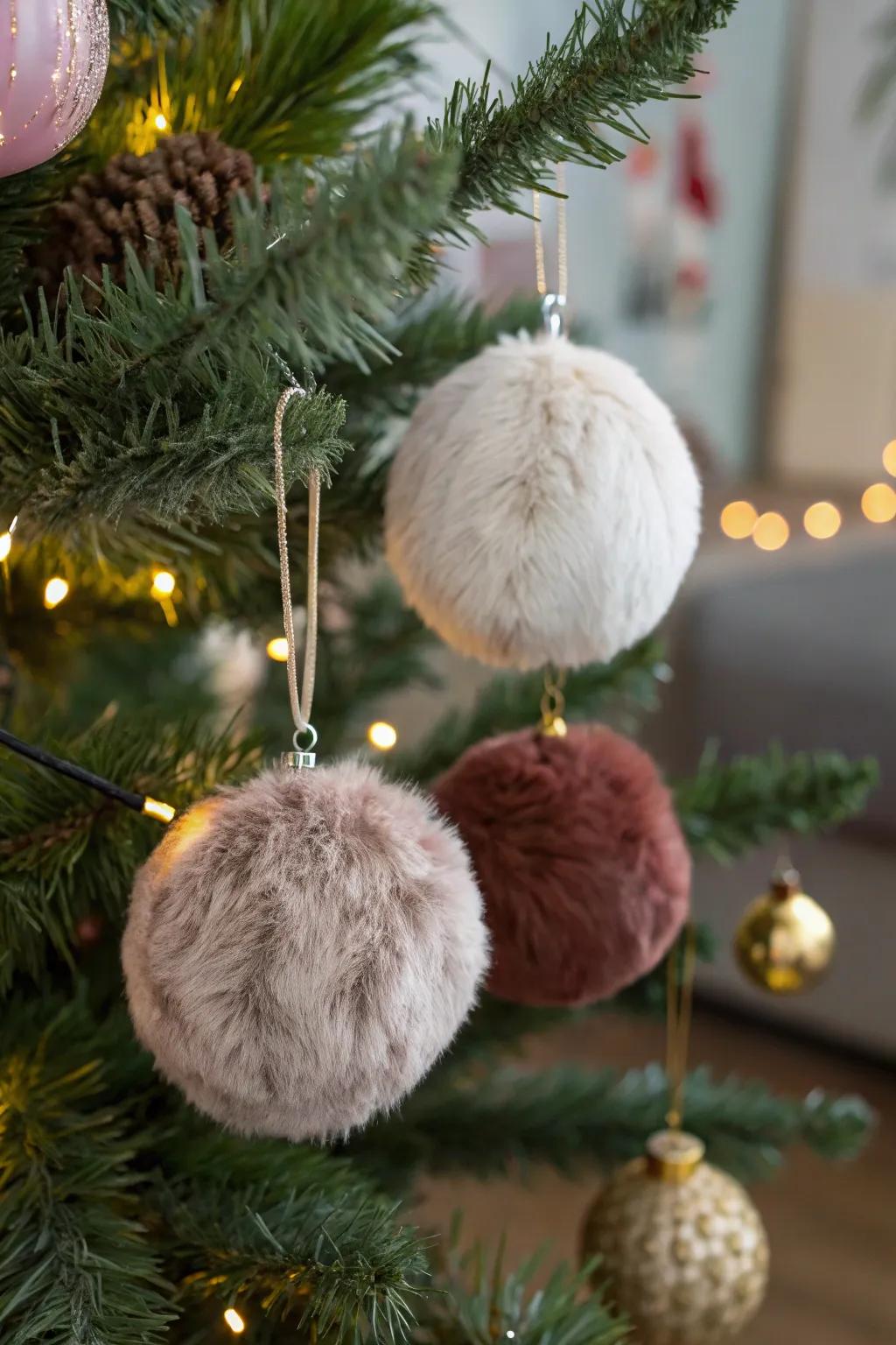 Faux fur-wrapped ornaments create a cozy, inviting atmosphere.