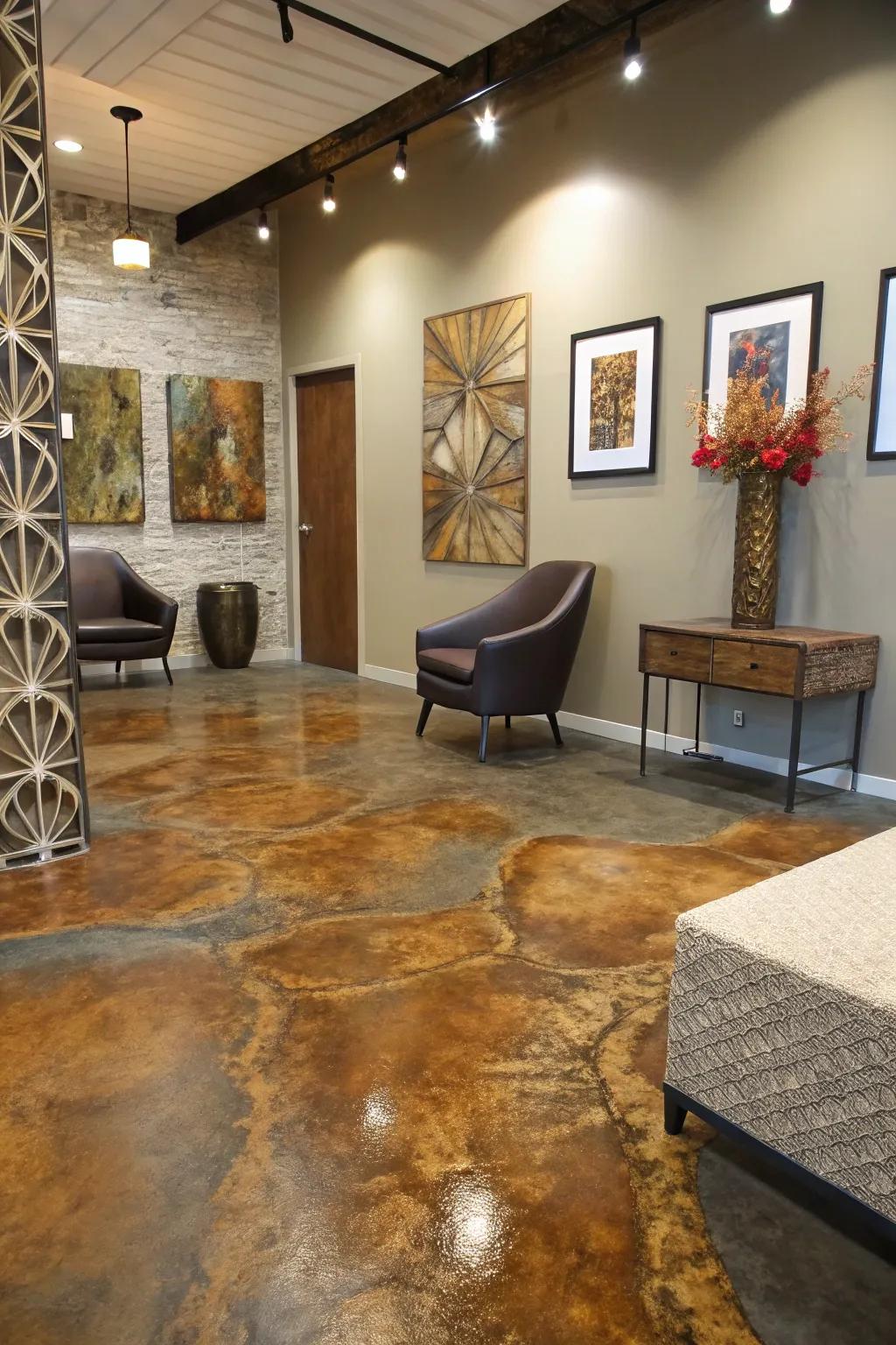 Acid-stained concrete floors offer a unique, artistic finish.