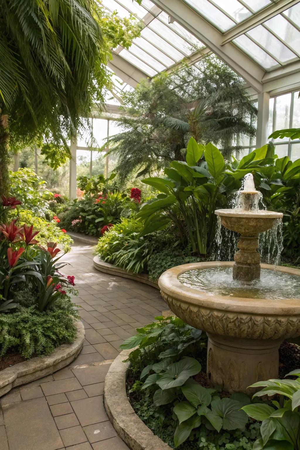 A calming water feature within a conservatory.