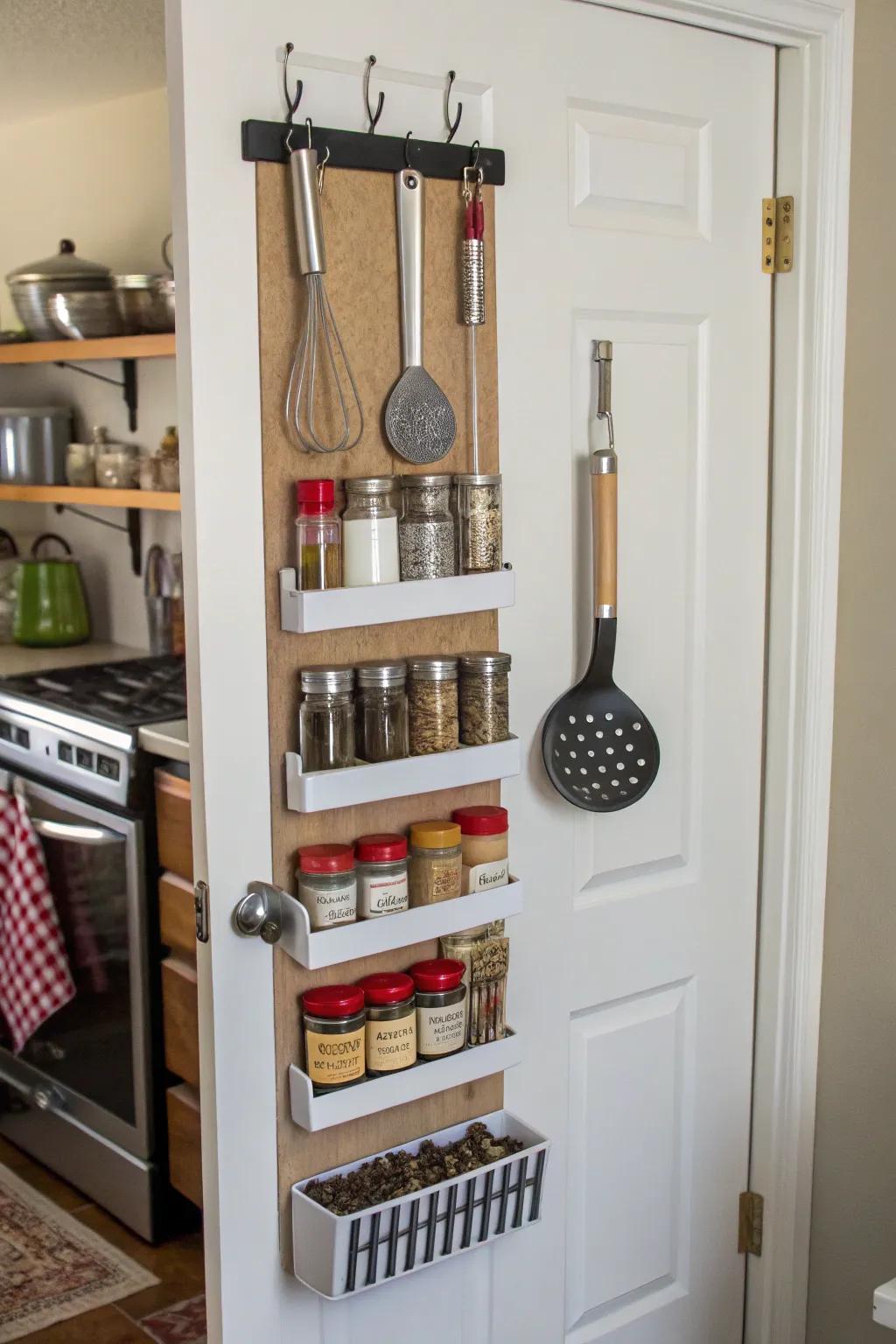 Magnetic strips on a corner pantry door for added storage.