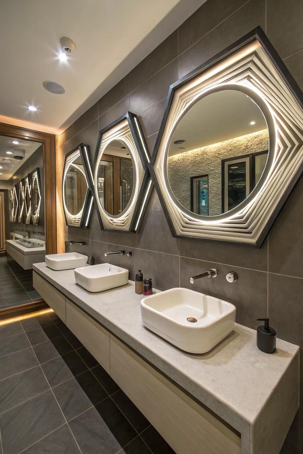 A bathroom that uses geometric mirrors to amplify the visual space.