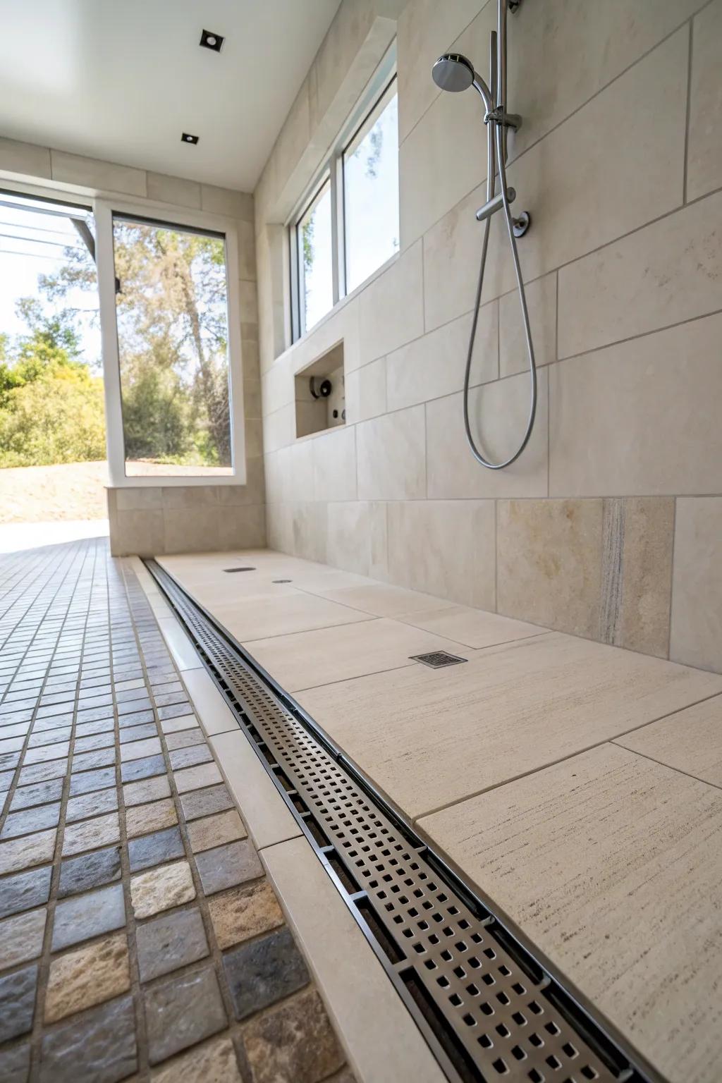 A linear drain complements the sleek, modern design of this shower.