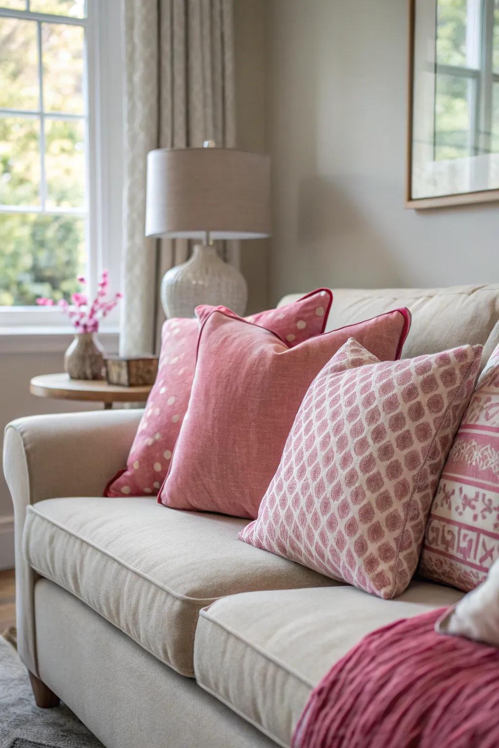 Rose throw cushions inject versatility and flair within the seating arrangement.