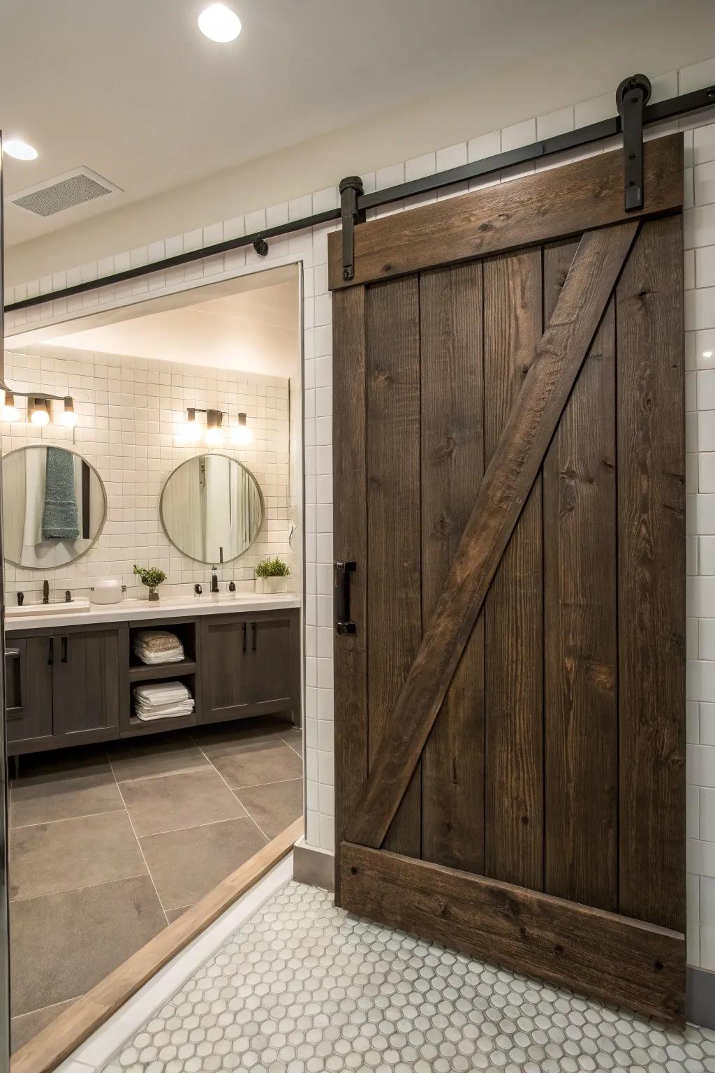 A sliding barn door introduces rustic charm to this modern bathroom.