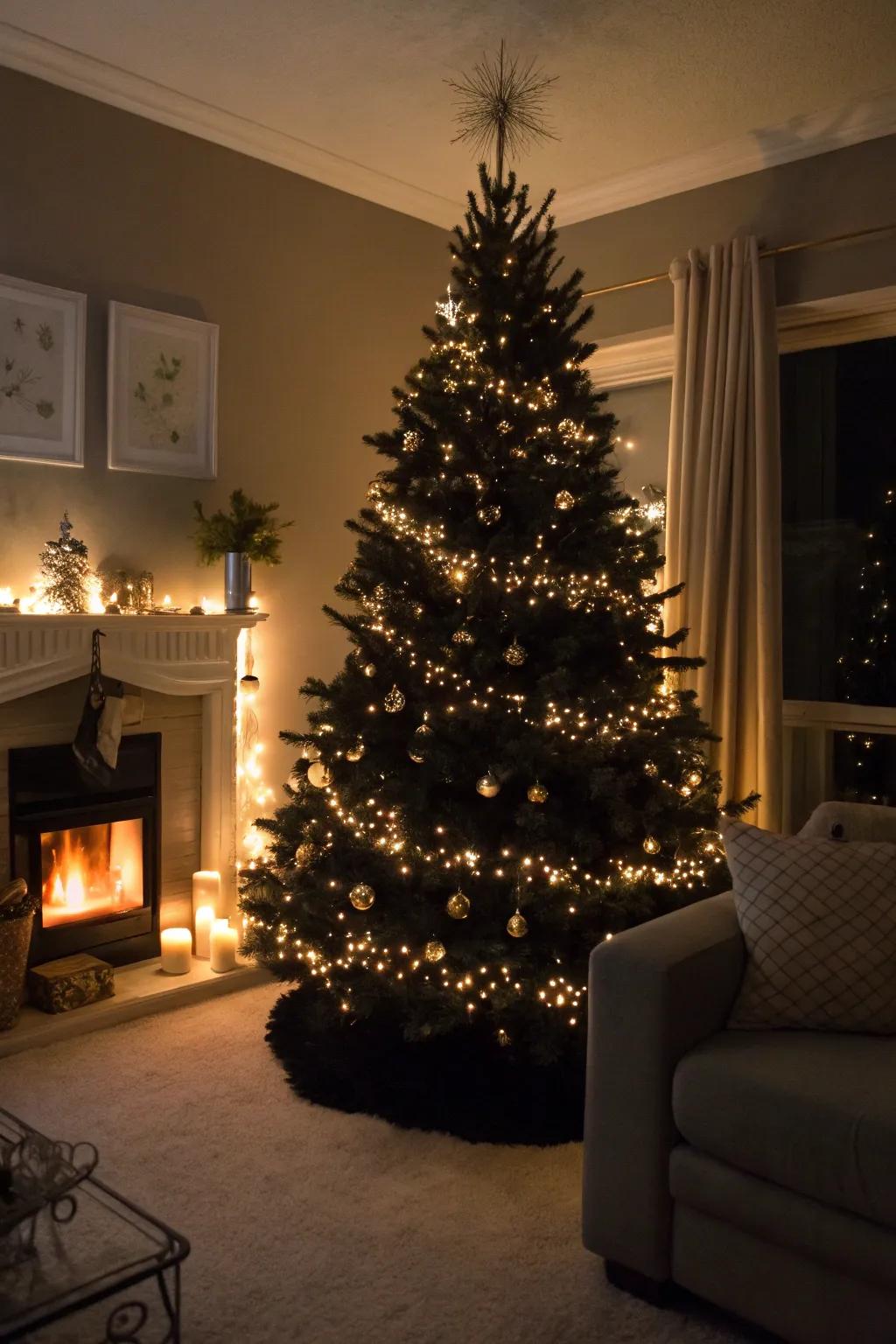 A black tree glowing with sparkling lights.