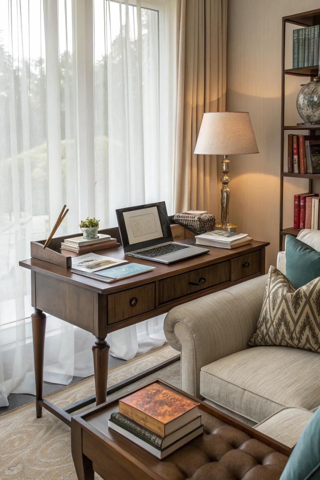 A behind-the-couch desk creates a subtle and functional workspace.