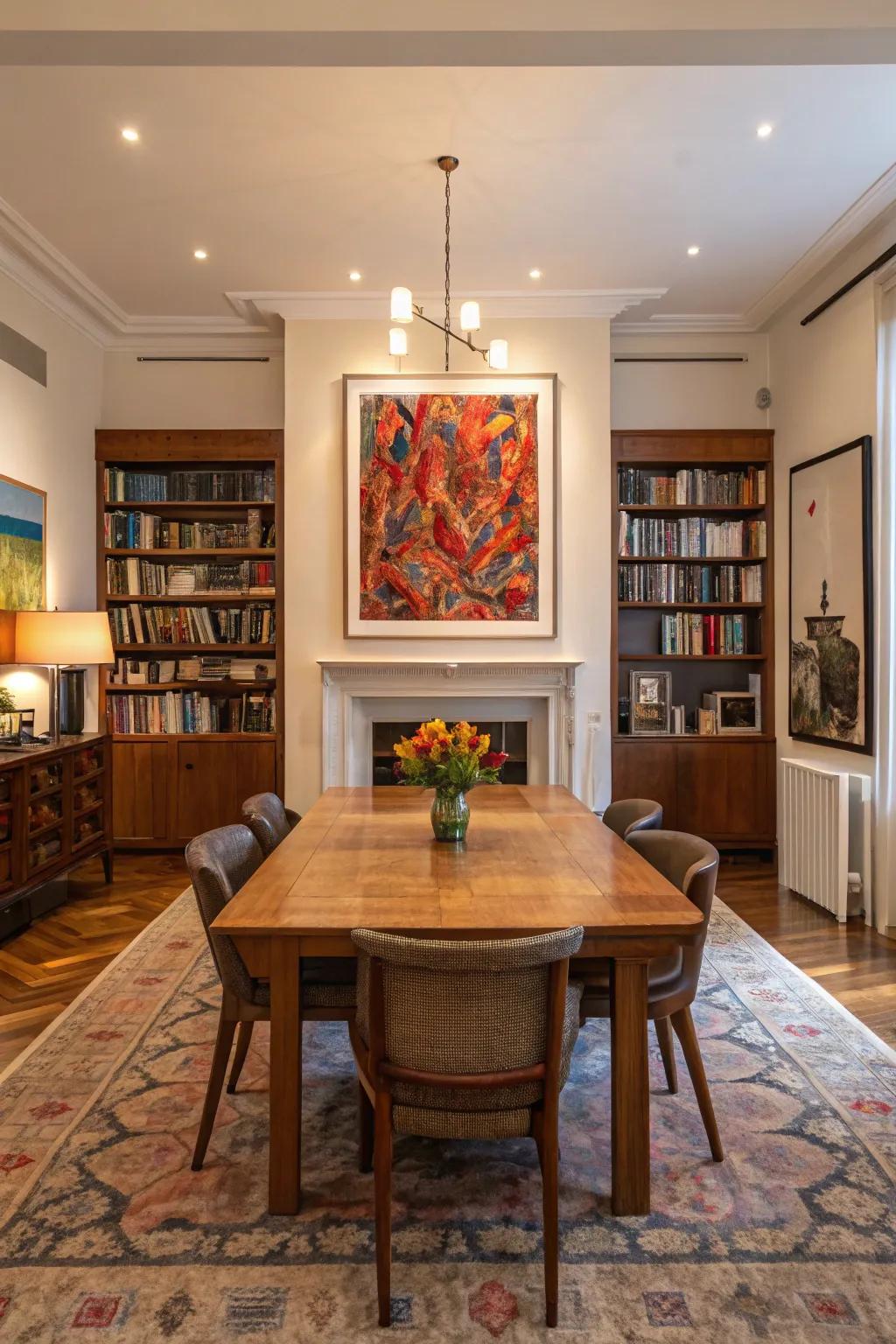 Bold art piece serves as a strong visual anchor in the dining room.