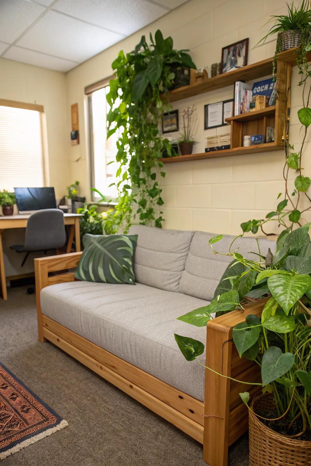 An eco-friendly couch complements the green decor in this dorm room.