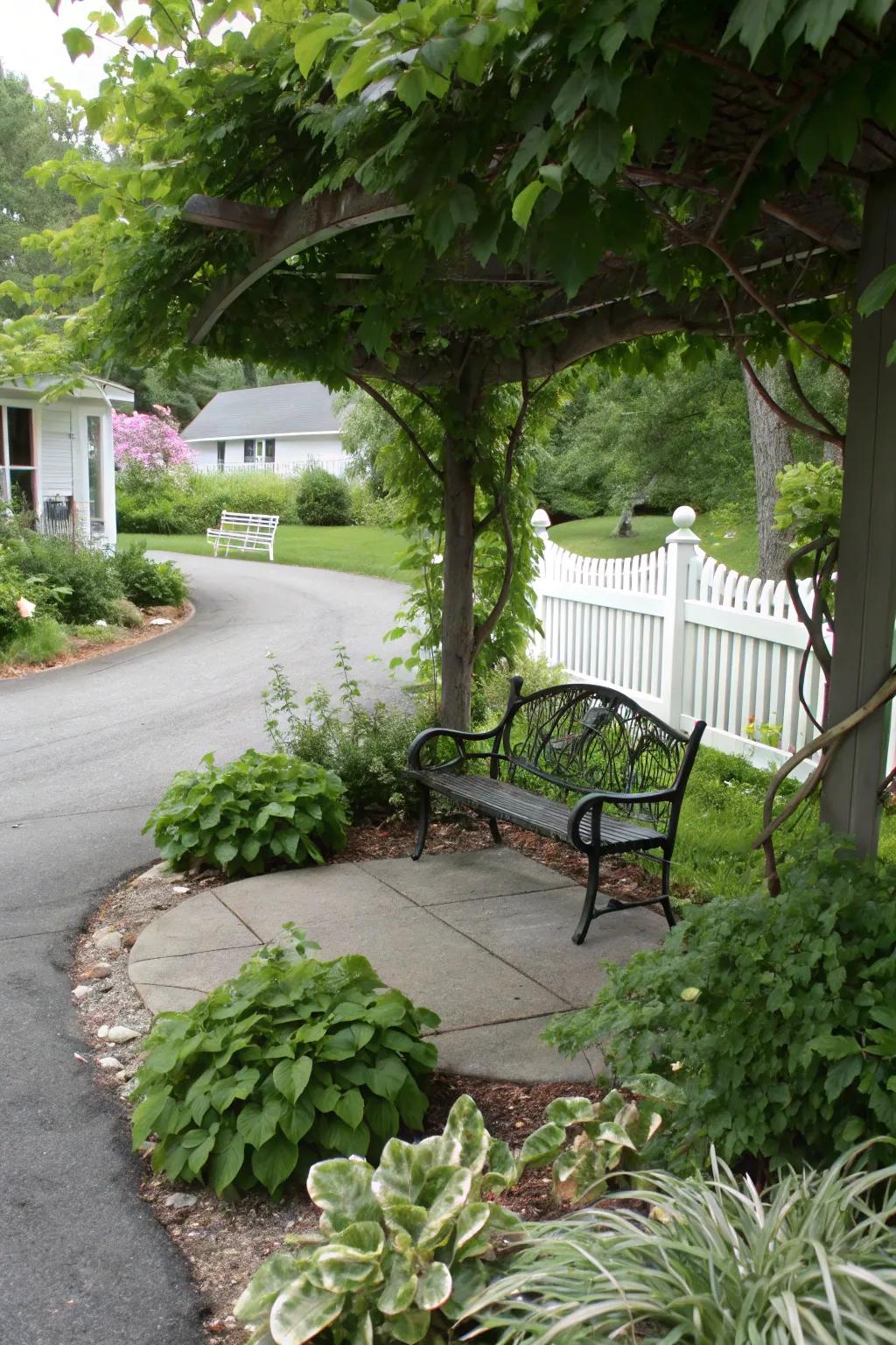 A seating area provides a cozy spot on the berm.