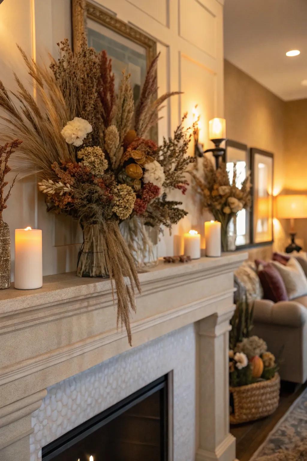 A mantel masterpiece with layers of dried elegance.