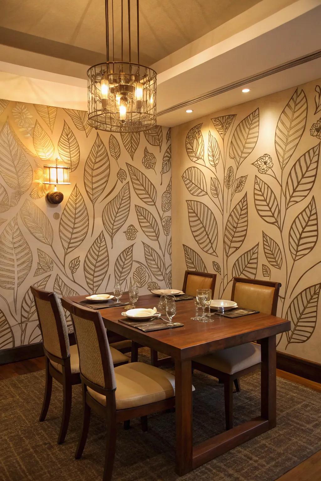 Stencil art offers a cost-effective way to mimic luxurious wallpaper.