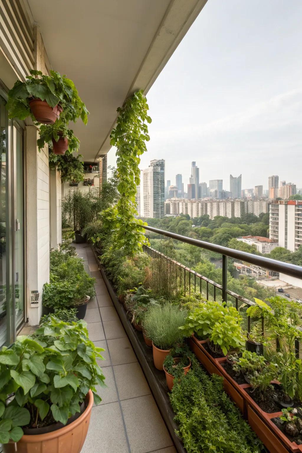 An urban apartment balcony adorned with a vibrant and productive garden.