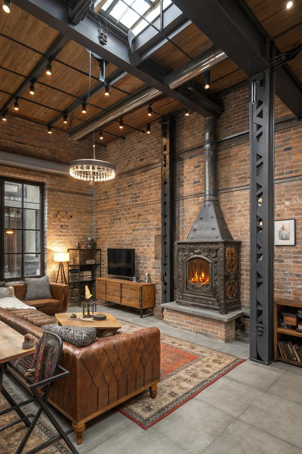 An industrial style living room with exposed brick and metal-accented fireplace.