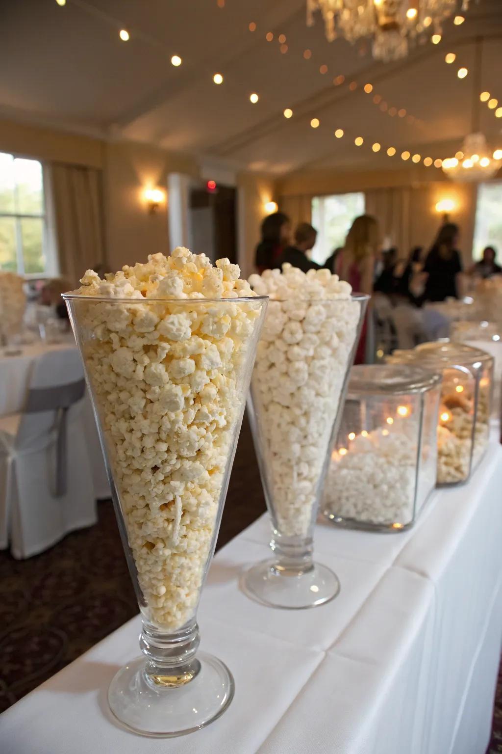 Popcorn beautifully displayed in glass vases, adding elegance and clarity to the setup.