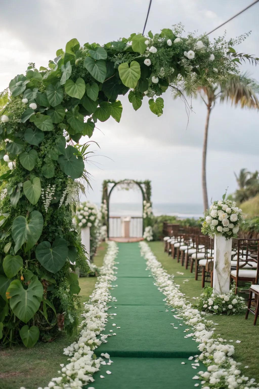 An outdoor aisle adorned with emerald green foliage.