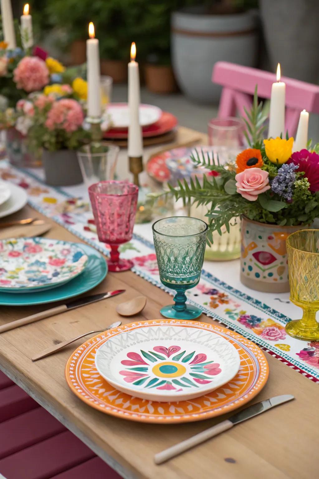 Eclectic tableware brings personality to the table settings.