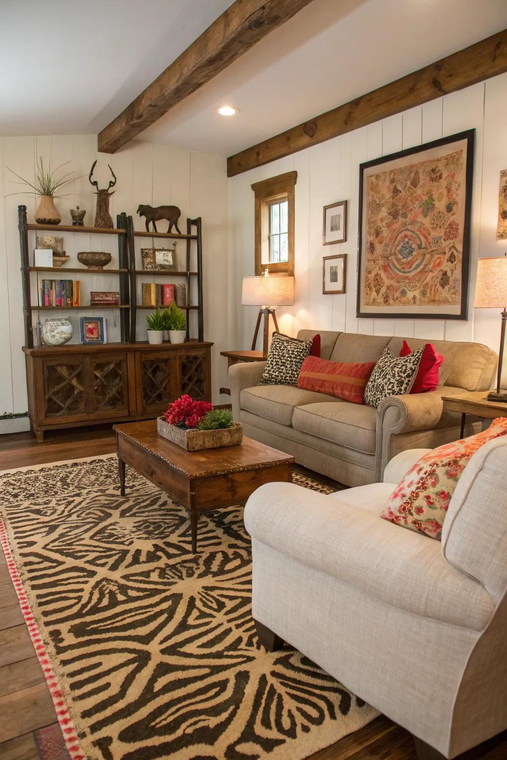 Animal print rugs add a playful and unexpected touch to farmhouse decor.