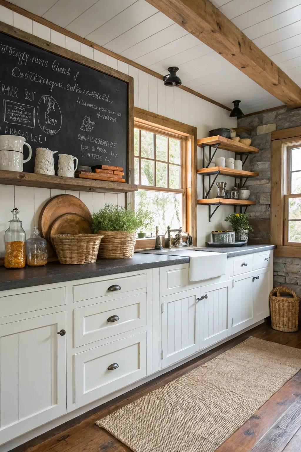 A slateboard backsplash adds a creative and functional component to this country-style kitchen.