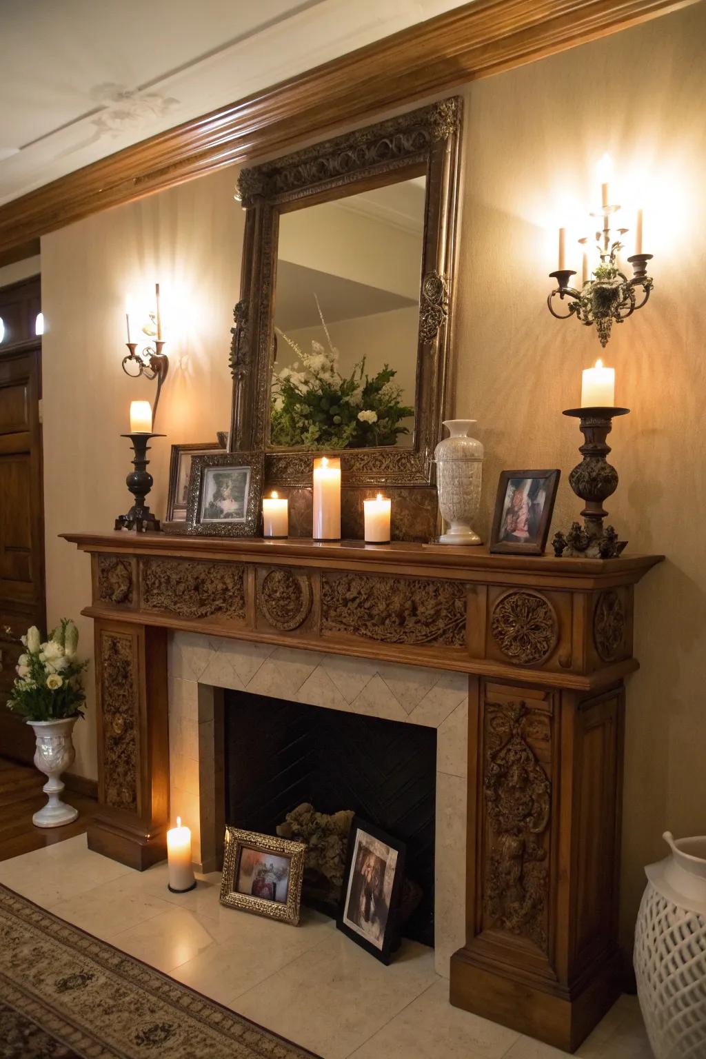A gorgeously illuminated mantel, drawing emphasis to its decor.