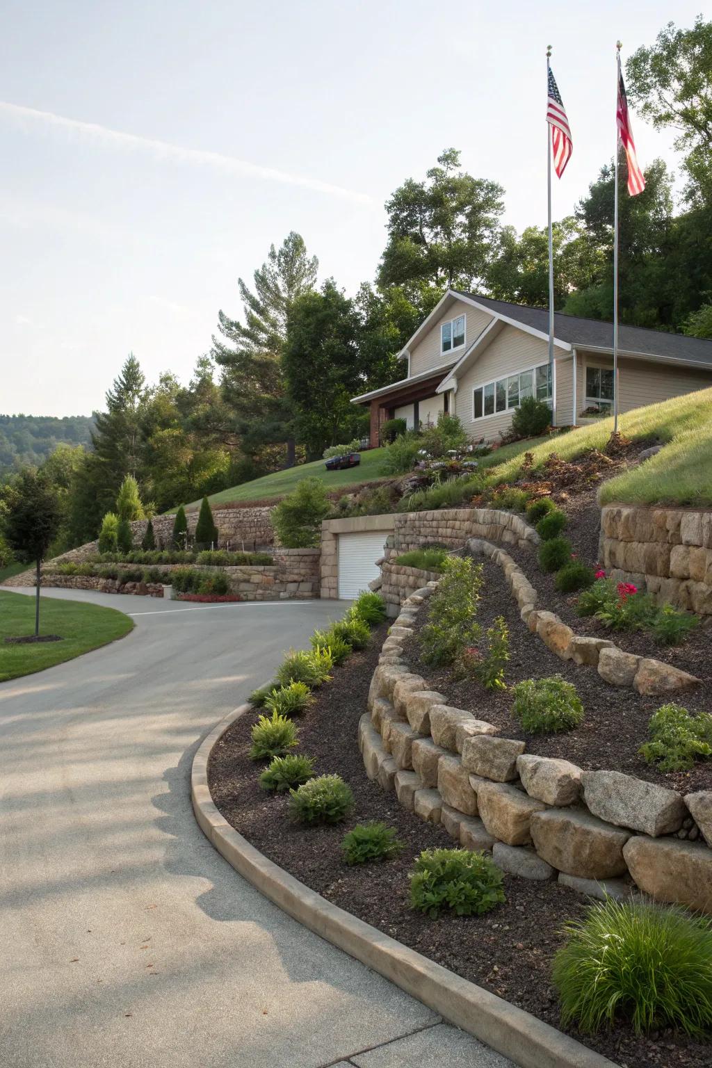 A terraced landscape enhancing a sloped flag lot driveway.